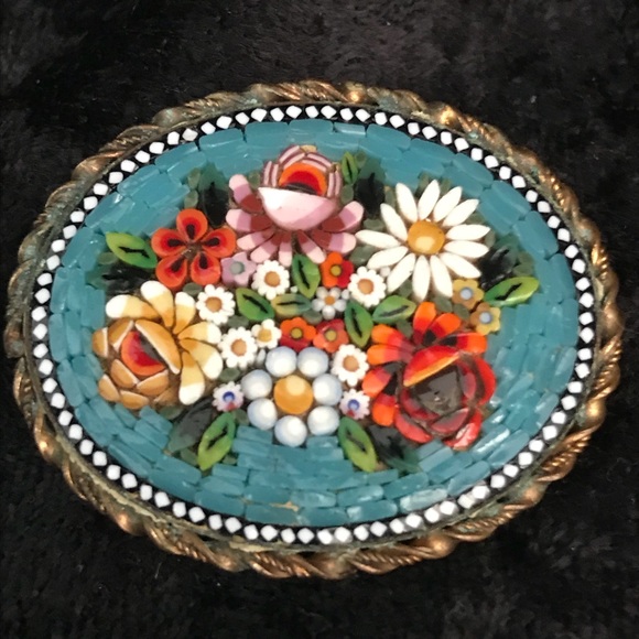 Vintage Jewelry - Antique rose micro mosaic Millefiori flower brooch